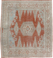 8' x 7' one-of-a-kind handmade antique Veece rug. Color palette: terracotta, ivory, pale blue gray, rust, taupe, sage, coral