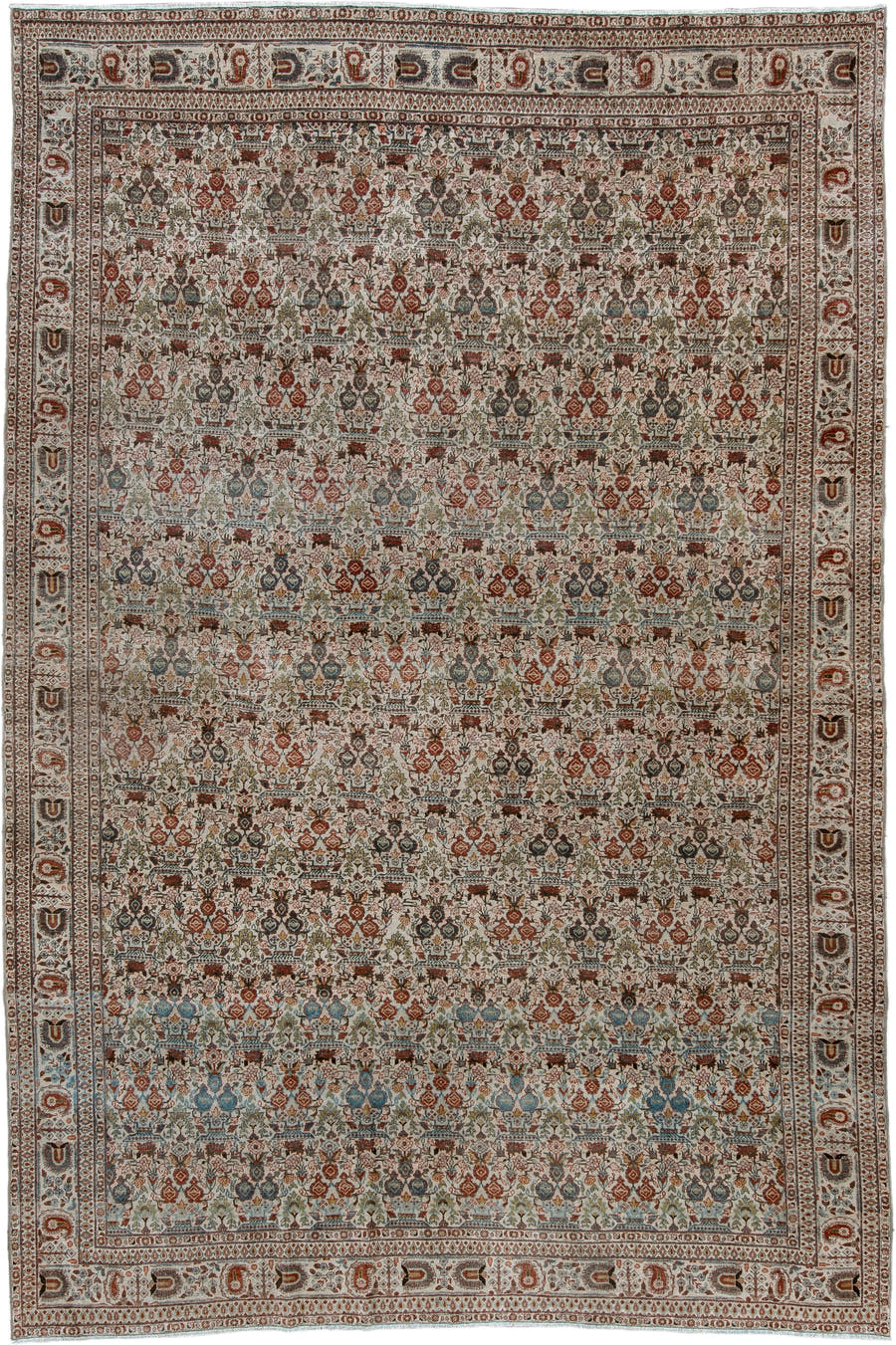 7' x 10' one-of-a-kind handmade antique Varamin large size rug. Color palette: ivory, rust, muted teal, sage, charcoal