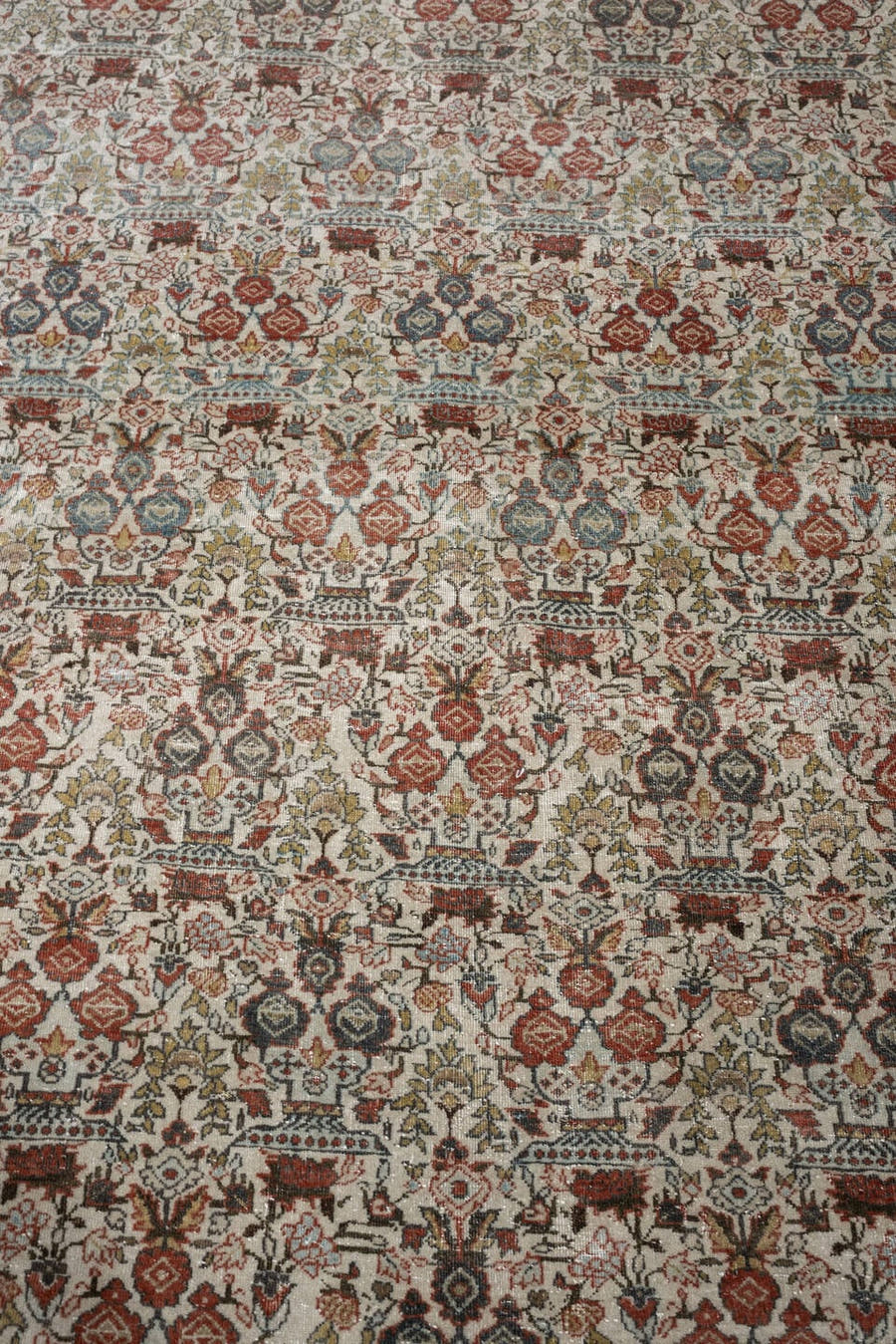 7' x 10' one-of-a-kind handmade antique Varamin large size rug. Color palette: ivory, rust, muted teal, sage, charcoal