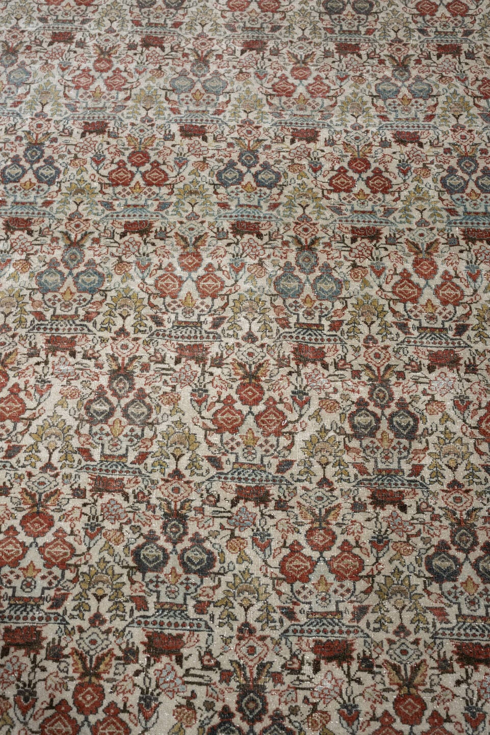 7' x 10' one-of-a-kind handmade antique Varamin large size rug. Color palette: ivory, rust, muted teal, sage, charcoal