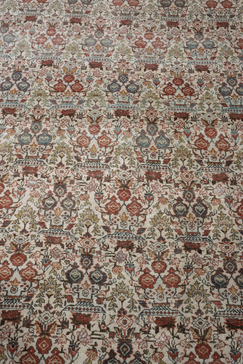 7' x 10' one-of-a-kind handmade antique Varamin large size rug. Color palette: ivory, rust, muted teal, sage, charcoal