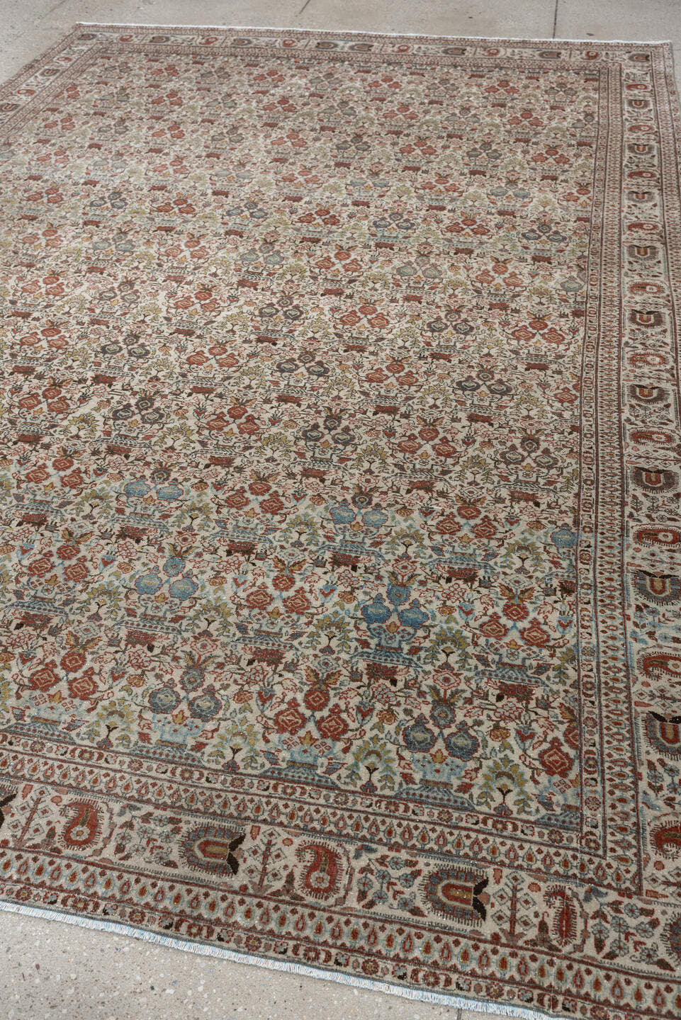 7' x 10' one-of-a-kind handmade antique Varamin large size rug. Color palette: ivory, rust, muted teal, sage, charcoal