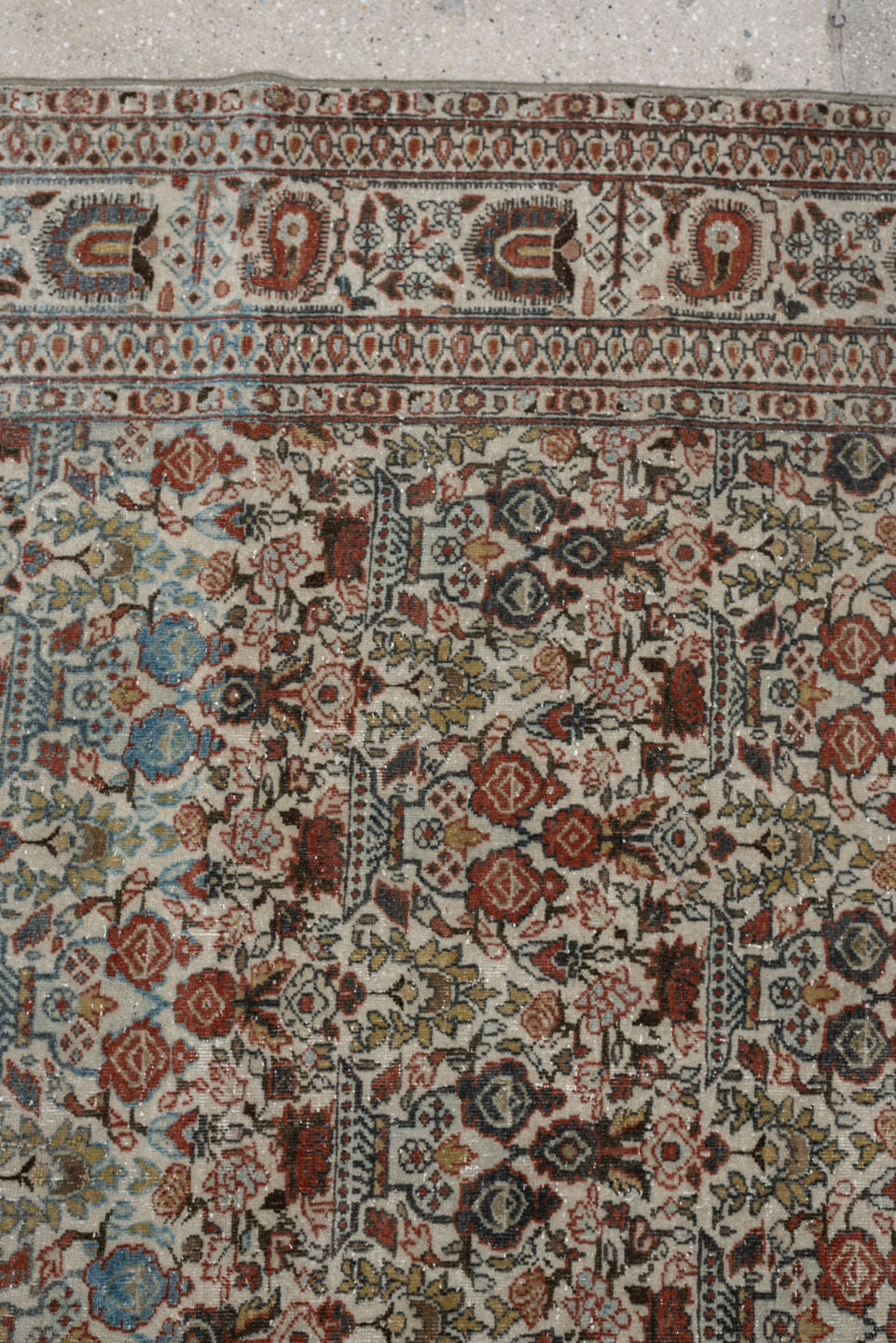 7' x 10' one-of-a-kind handmade antique Varamin large size rug. Color palette: ivory, rust, muted teal, sage, charcoal