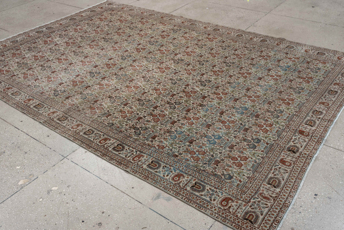 7' x 10' one-of-a-kind handmade antique Varamin large size rug. Color palette: ivory, rust, muted teal, sage, charcoal
