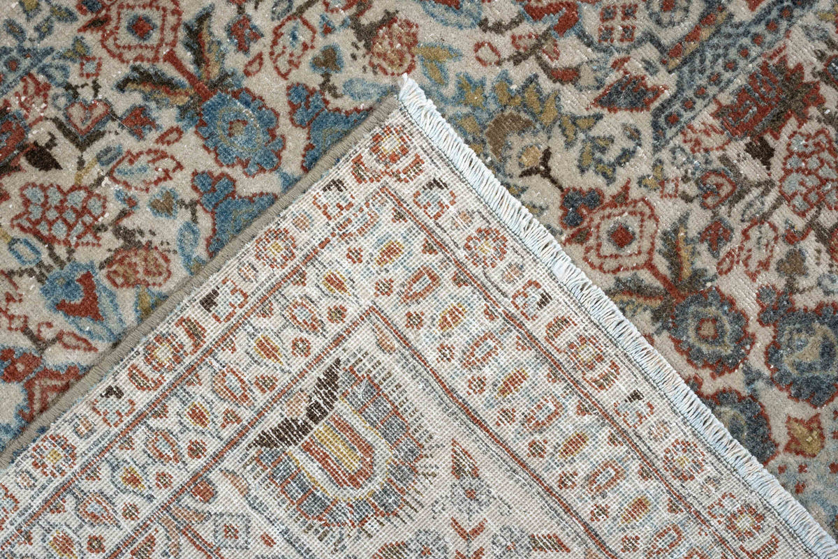 7' x 10' one-of-a-kind handmade antique Varamin large size rug. Color palette: ivory, rust, muted teal, sage, charcoal