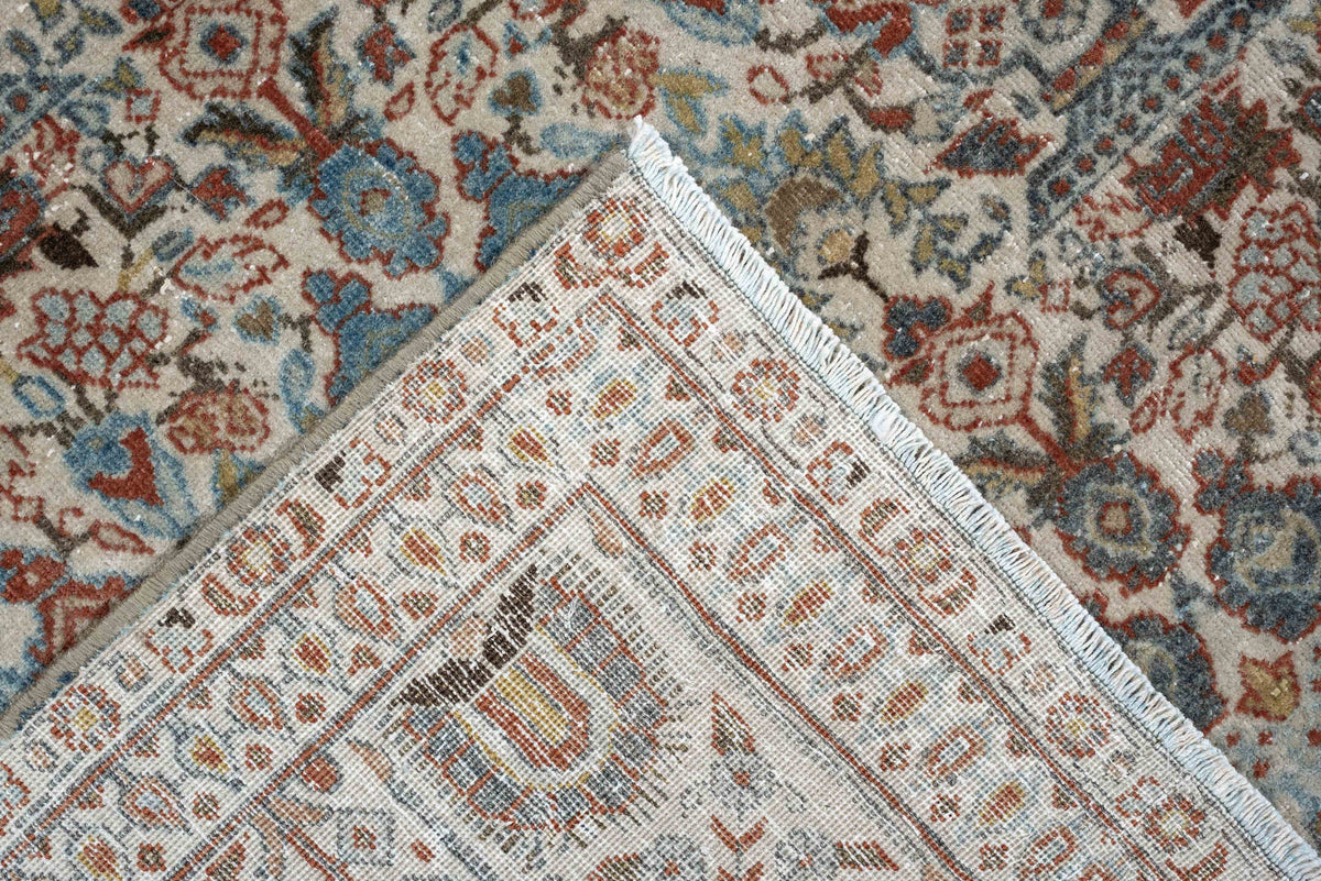 7' x 10' one-of-a-kind handmade antique Varamin large size rug. Color palette: ivory, rust, muted teal, sage, charcoal
