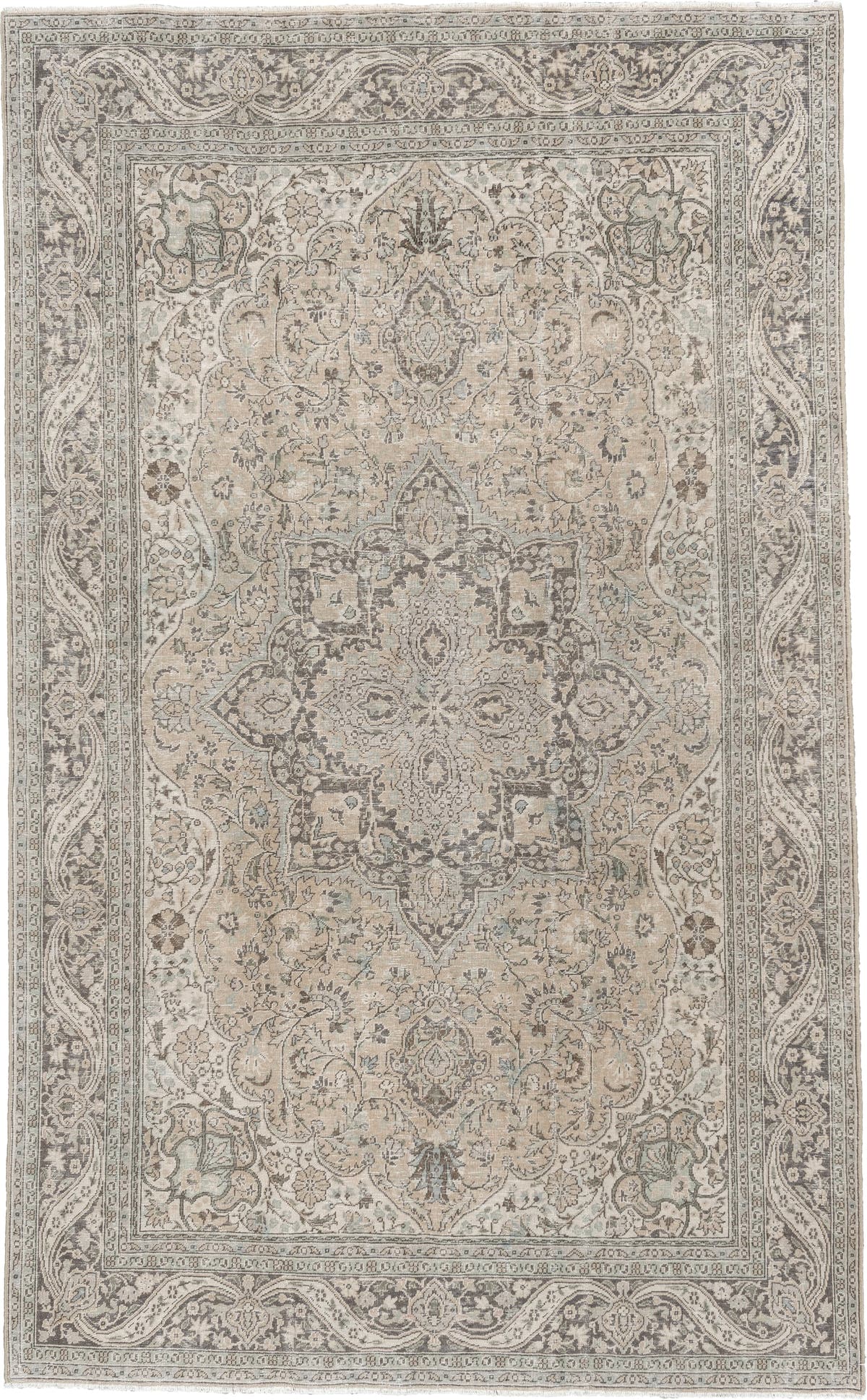 5' x 8' one-of-a-kind handmade antique Tabriz medium size rug. Color palette: ivory, taupe, charcoal, stone, sage, camel