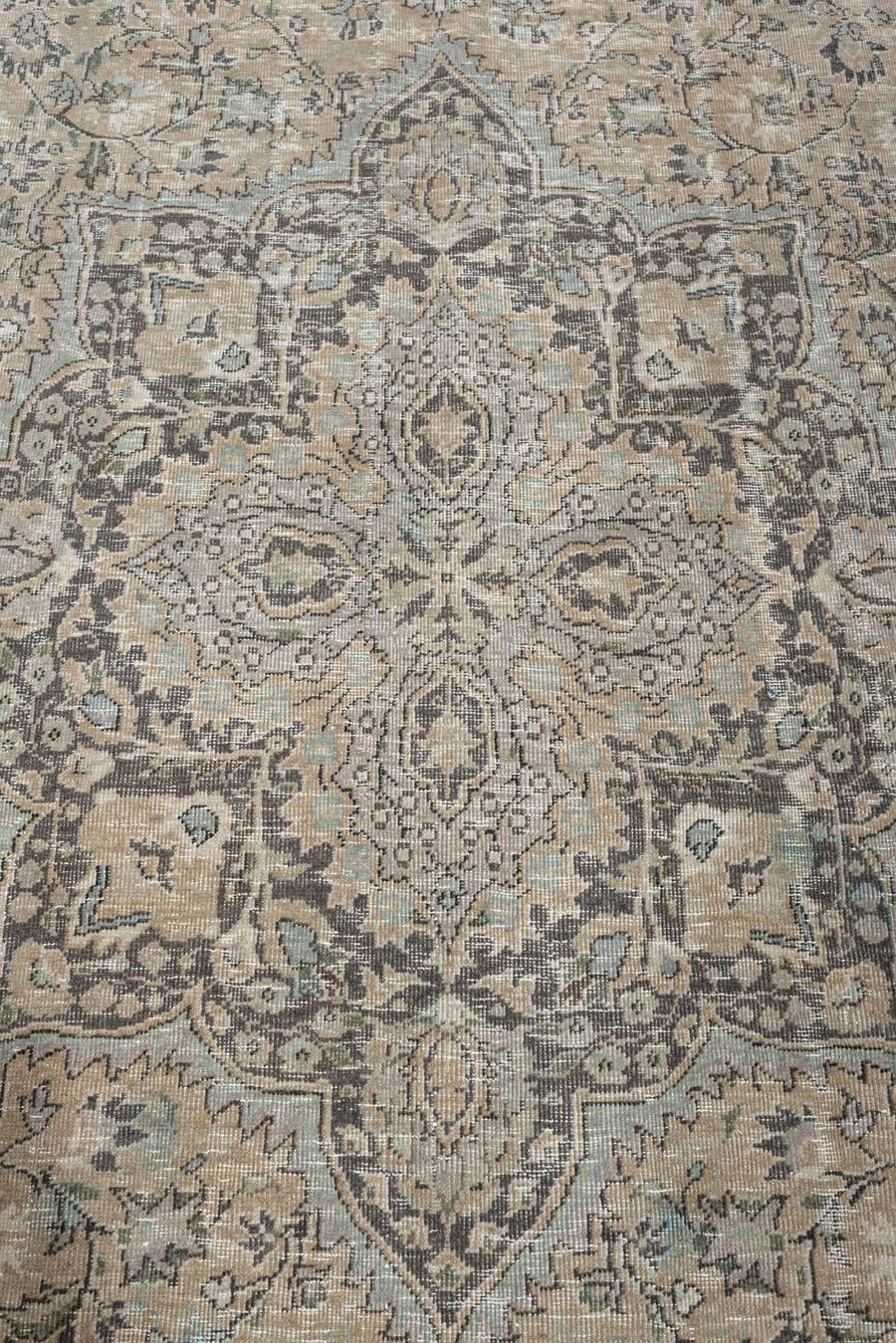 5' x 8' one-of-a-kind handmade antique Tabriz medium size rug. Color palette: ivory, taupe, charcoal, stone, sage, camel