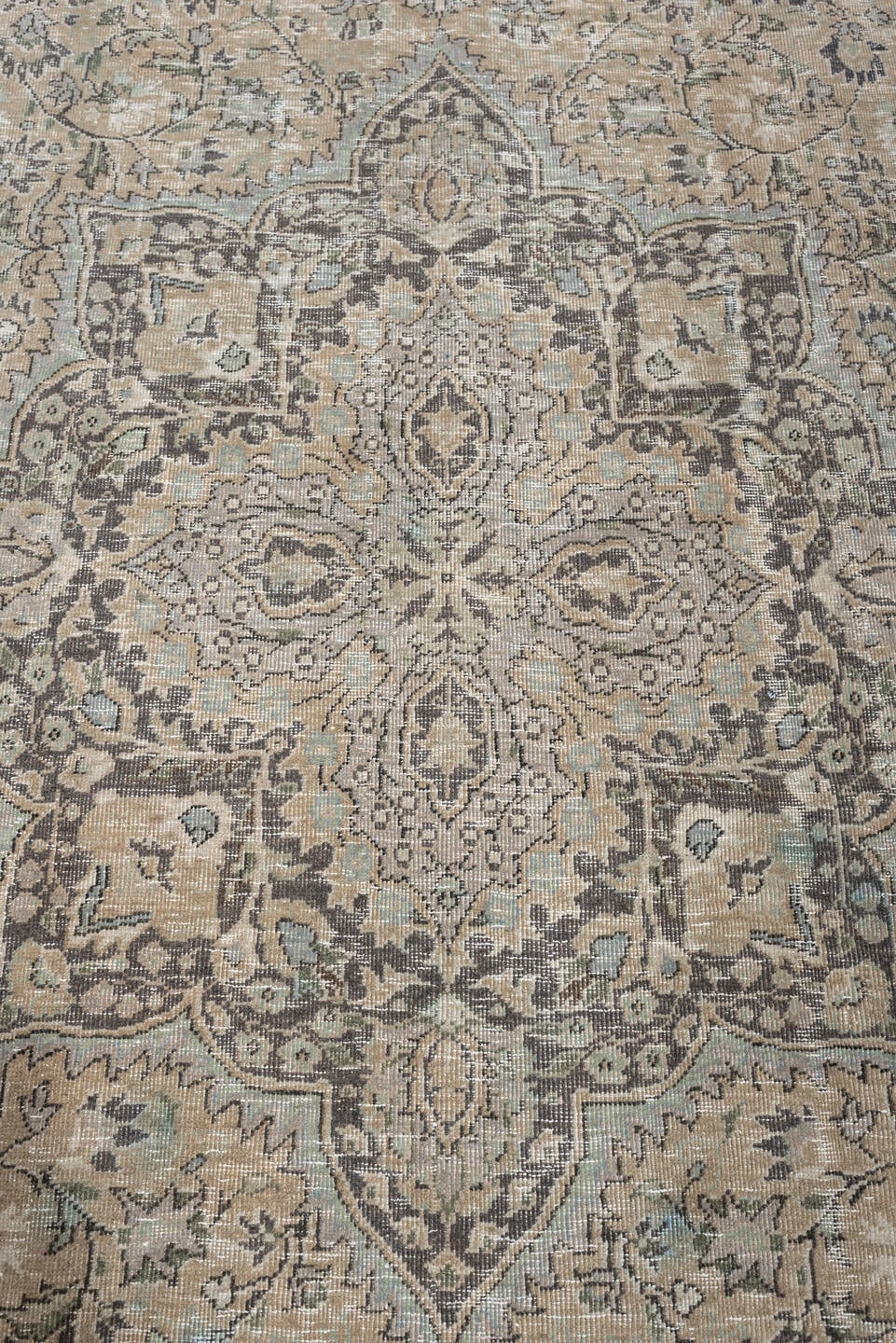 5' x 8' one-of-a-kind handmade antique Tabriz medium size rug. Color palette: ivory, taupe, charcoal, stone, sage, camel