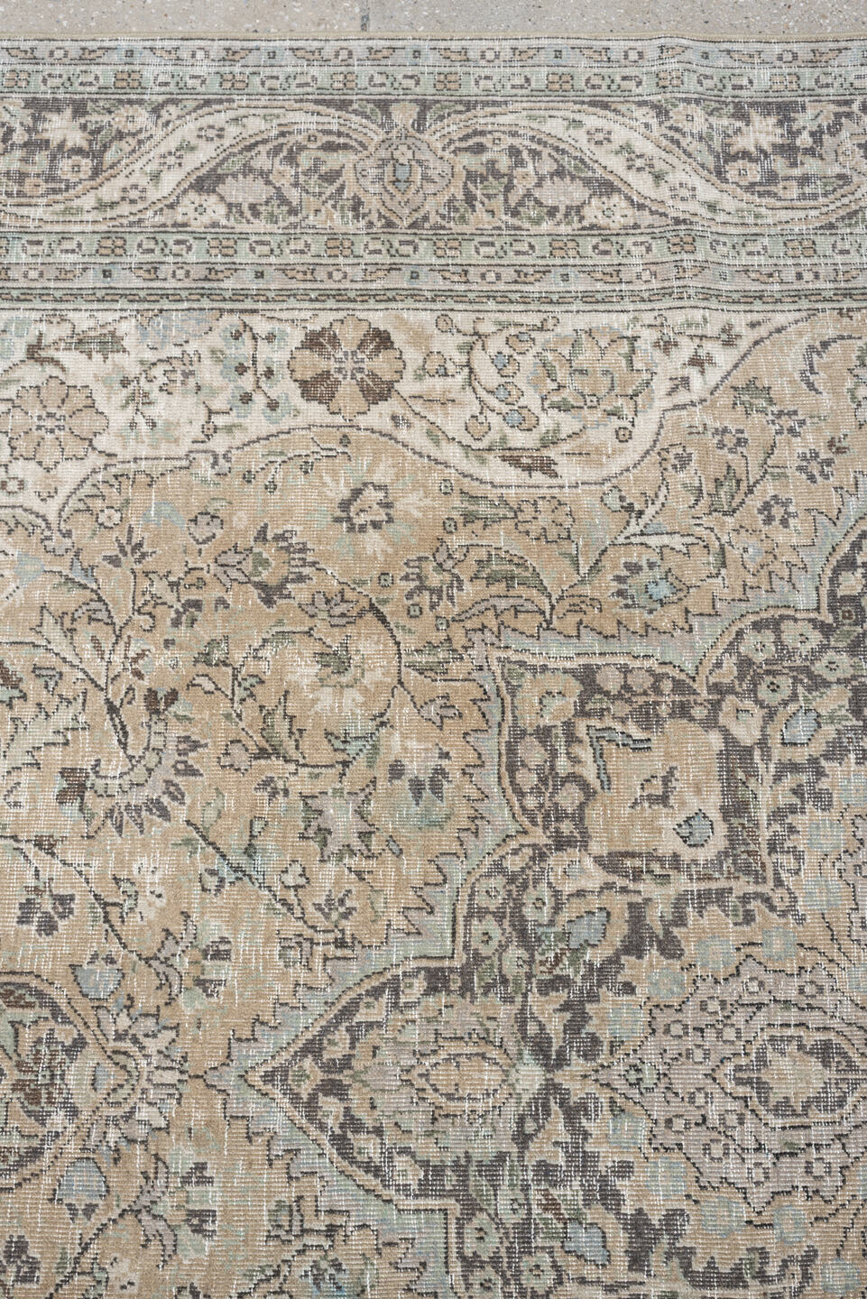 5' x 8' one-of-a-kind handmade antique Tabriz medium size rug. Color palette: ivory, taupe, charcoal, stone, sage, camel