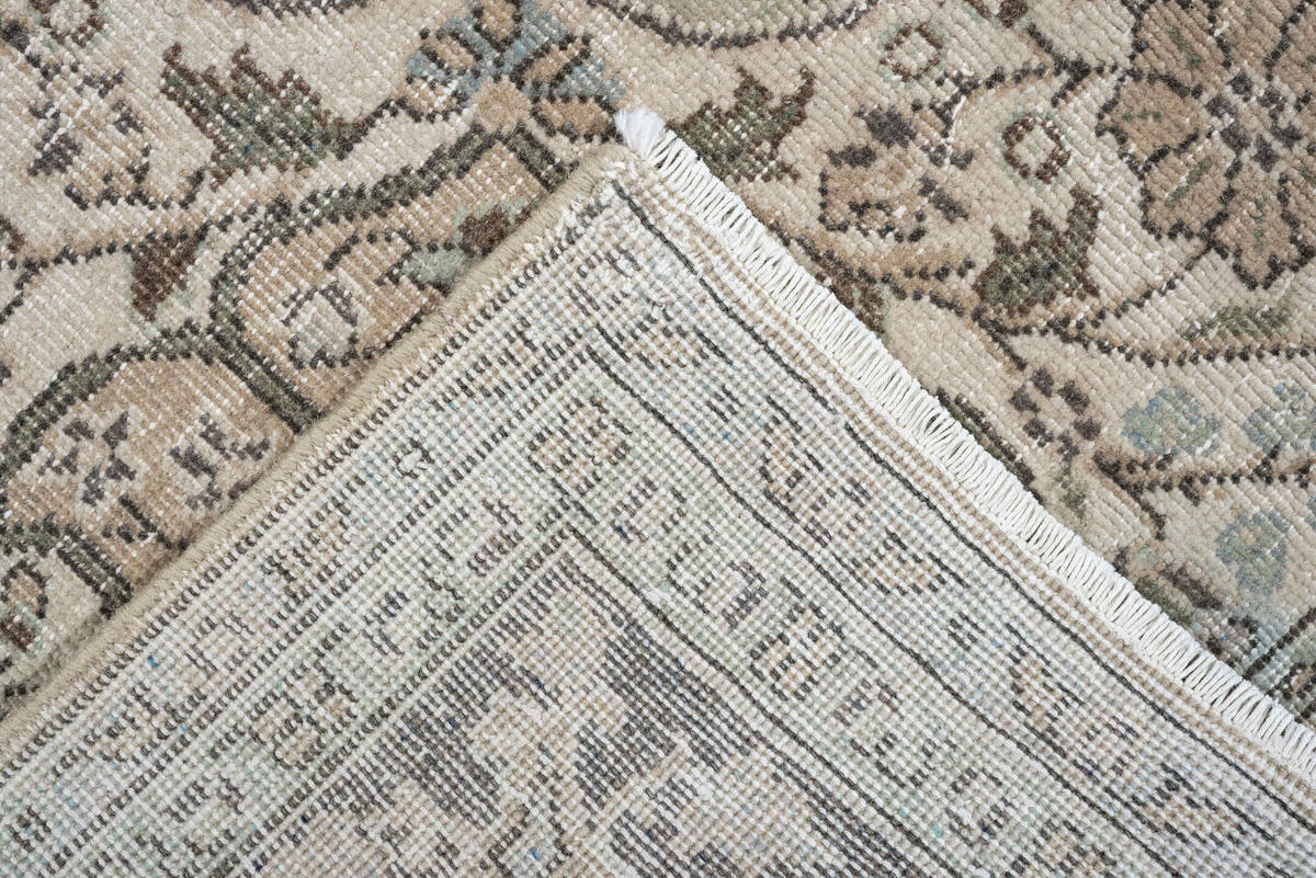 5' x 8' one-of-a-kind handmade antique Tabriz medium size rug. Color palette: ivory, taupe, charcoal, stone, sage, camel