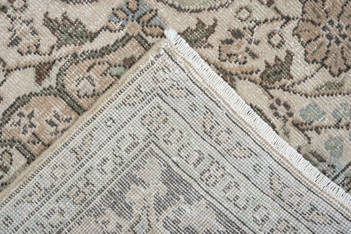 5' x 8' one-of-a-kind handmade antique Tabriz medium size rug. Color palette: ivory, taupe, charcoal, stone, sage, camel