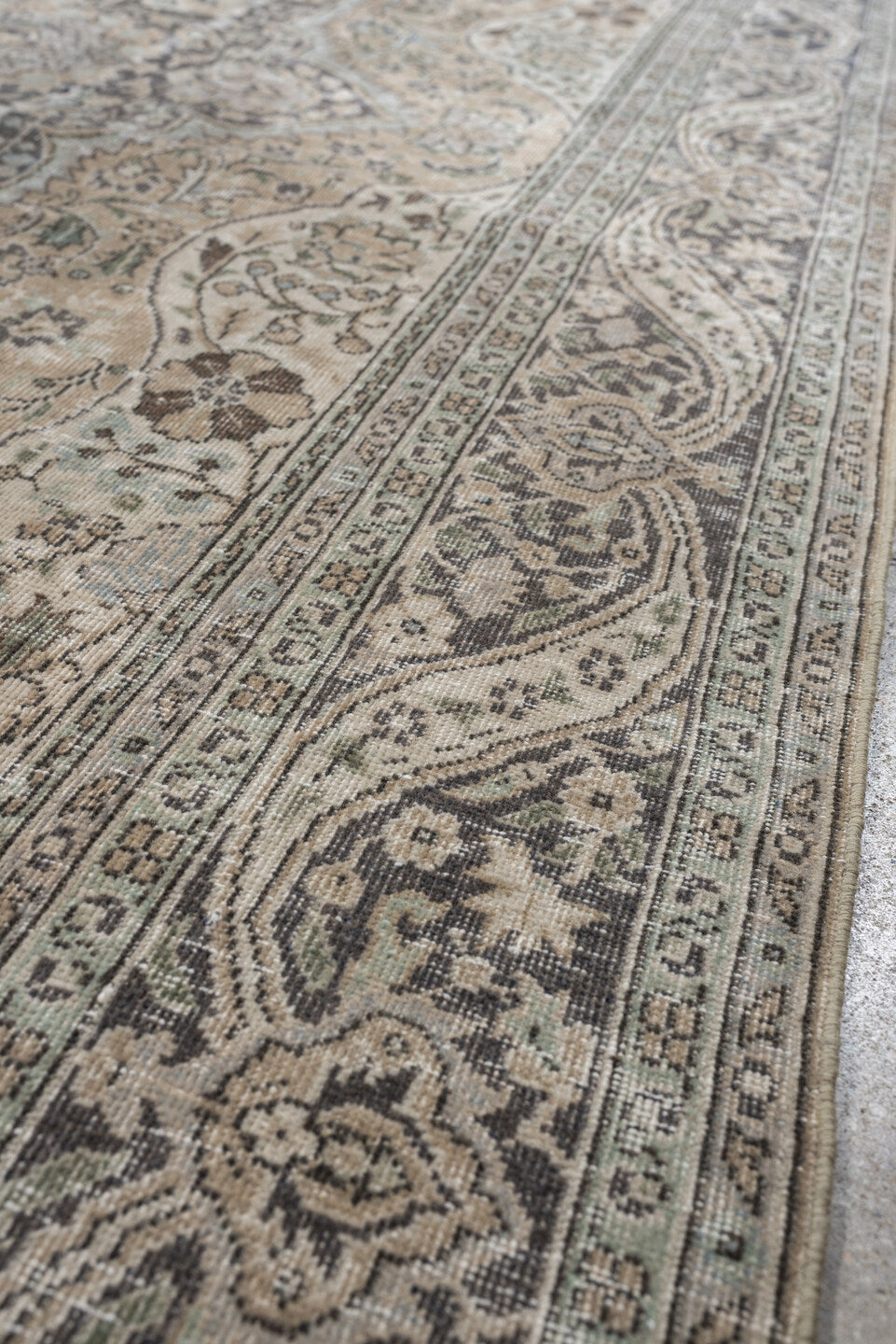5' x 8' one-of-a-kind handmade antique Tabriz medium size rug. Color palette: ivory, taupe, charcoal, stone, sage, camel