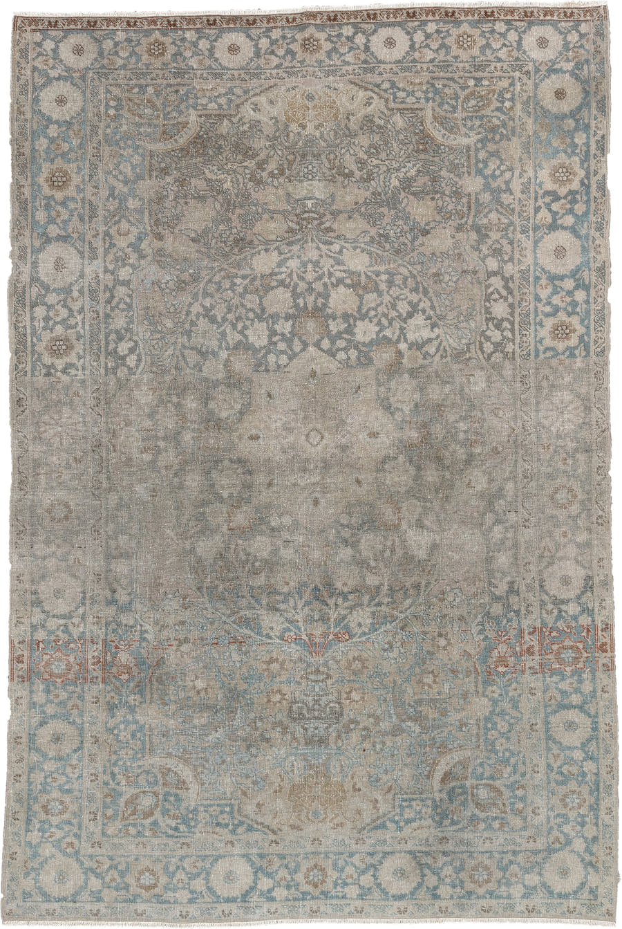 4' x 6' one-of-a-kind handmade antique Tabriz small size rug. Color palette: ivory, pale blue, taupe, beige, slate, camel