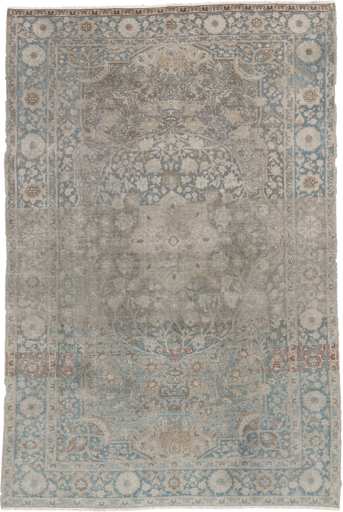 4' x 6' one-of-a-kind handmade antique Tabriz small size rug. Color palette: ivory, pale blue, taupe, beige, slate, camel