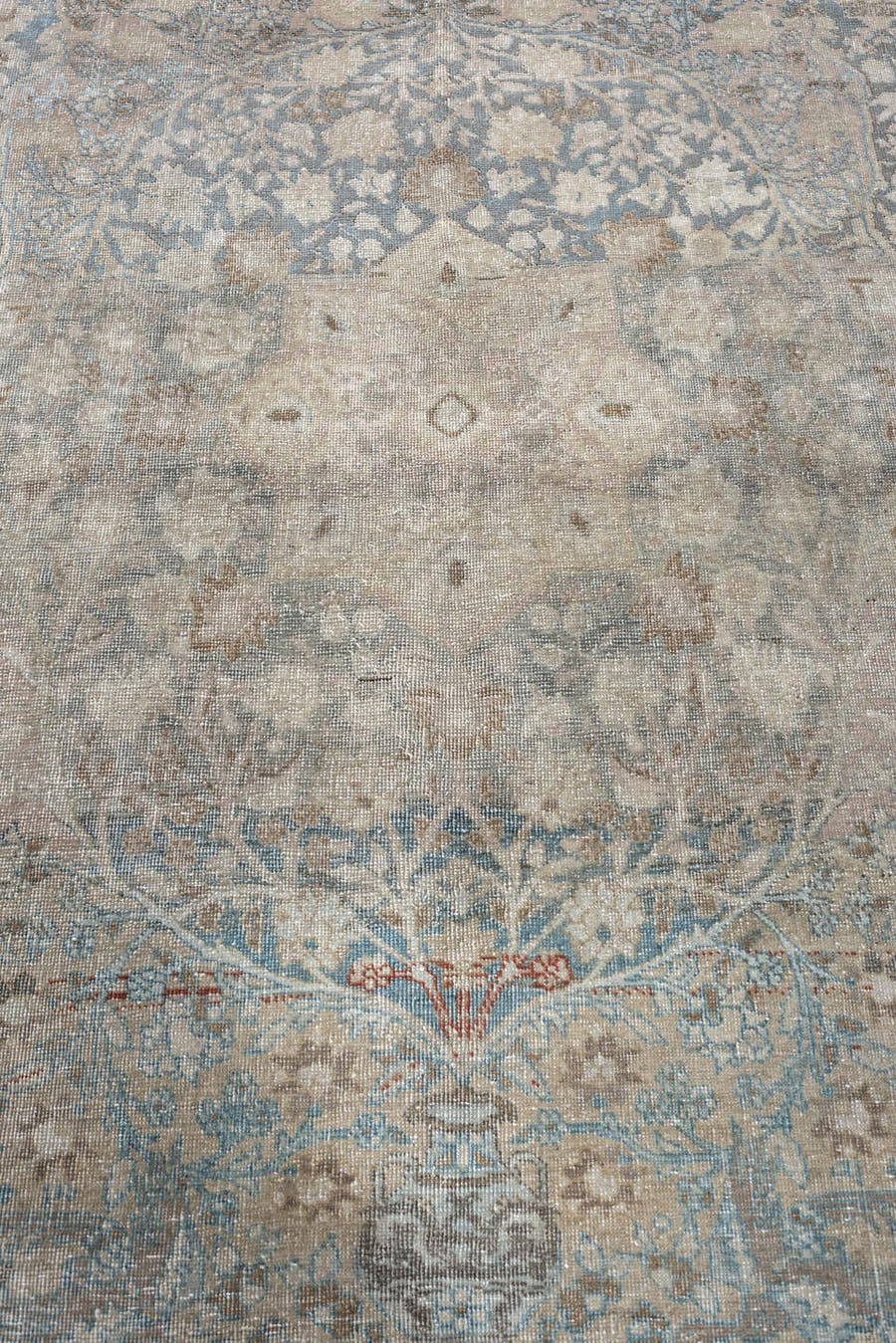4' x 6' one-of-a-kind handmade antique Tabriz small size rug. Color palette: ivory, pale blue, taupe, beige, slate, camel