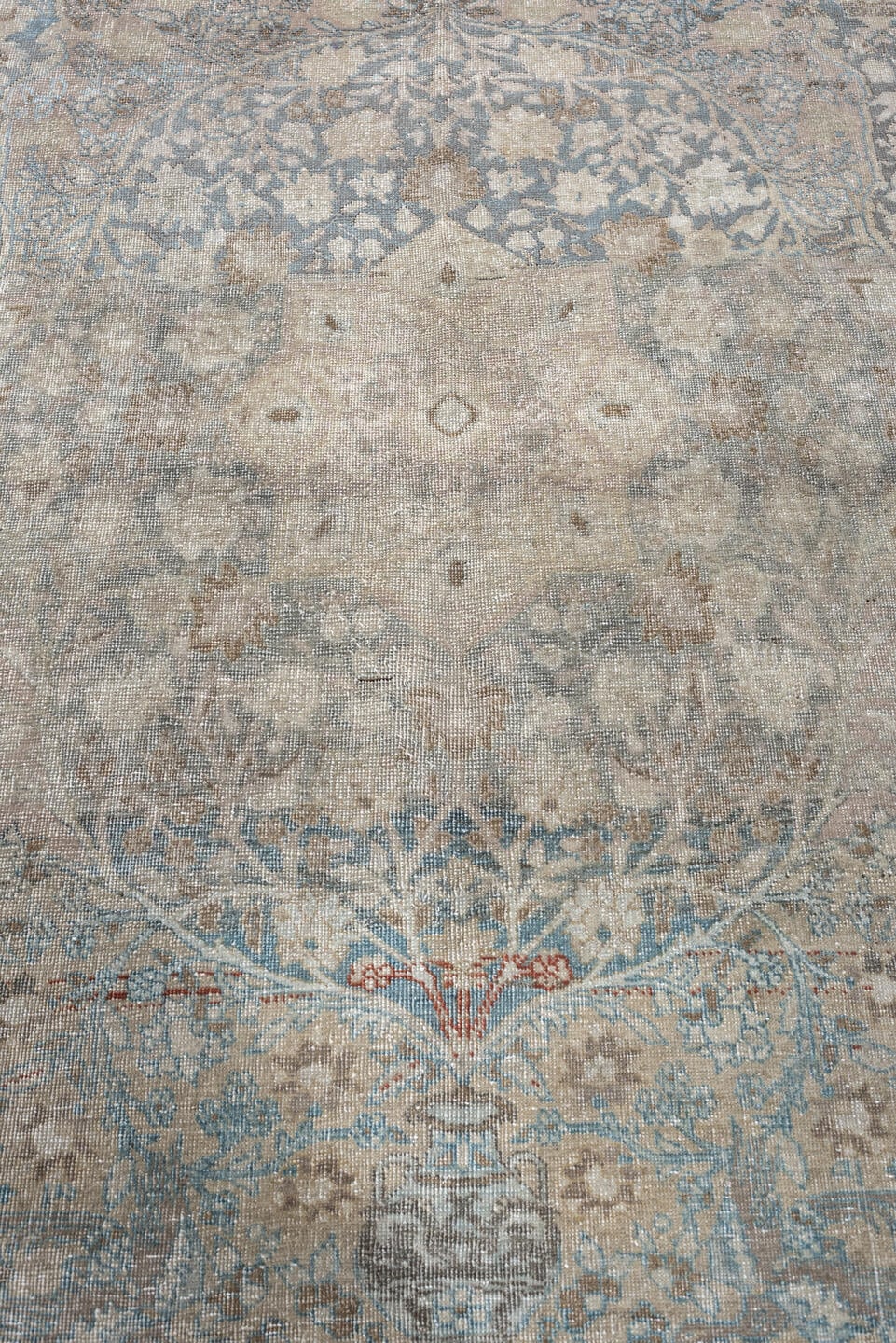 4' x 6' one-of-a-kind handmade antique Tabriz small size rug. Color palette: ivory, pale blue, taupe, beige, slate, camel