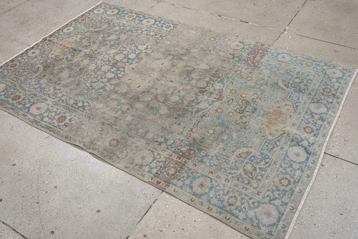 4' x 6' one-of-a-kind handmade antique Tabriz small size rug. Color palette: ivory, pale blue, taupe, beige, slate, camel
