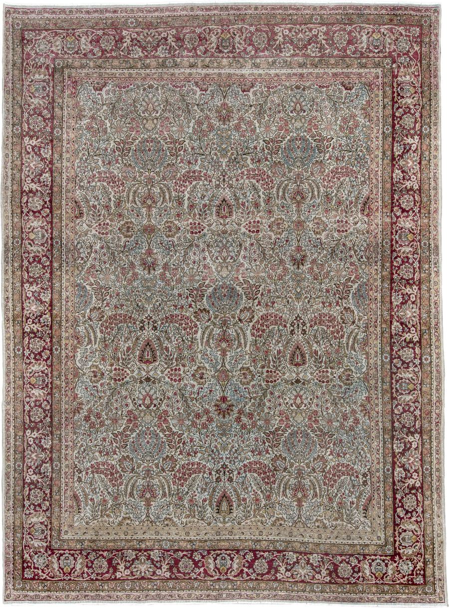 8' x 11' one-of-a-kind handmade antique Kerman large size rug. Color palette: ivory, crimson, burgundy, dusty blue, rose