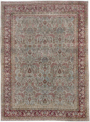 8' x 11' one-of-a-kind handmade antique Kerman large size rug. Color palette: ivory, crimson, burgundy, dusty blue, rose