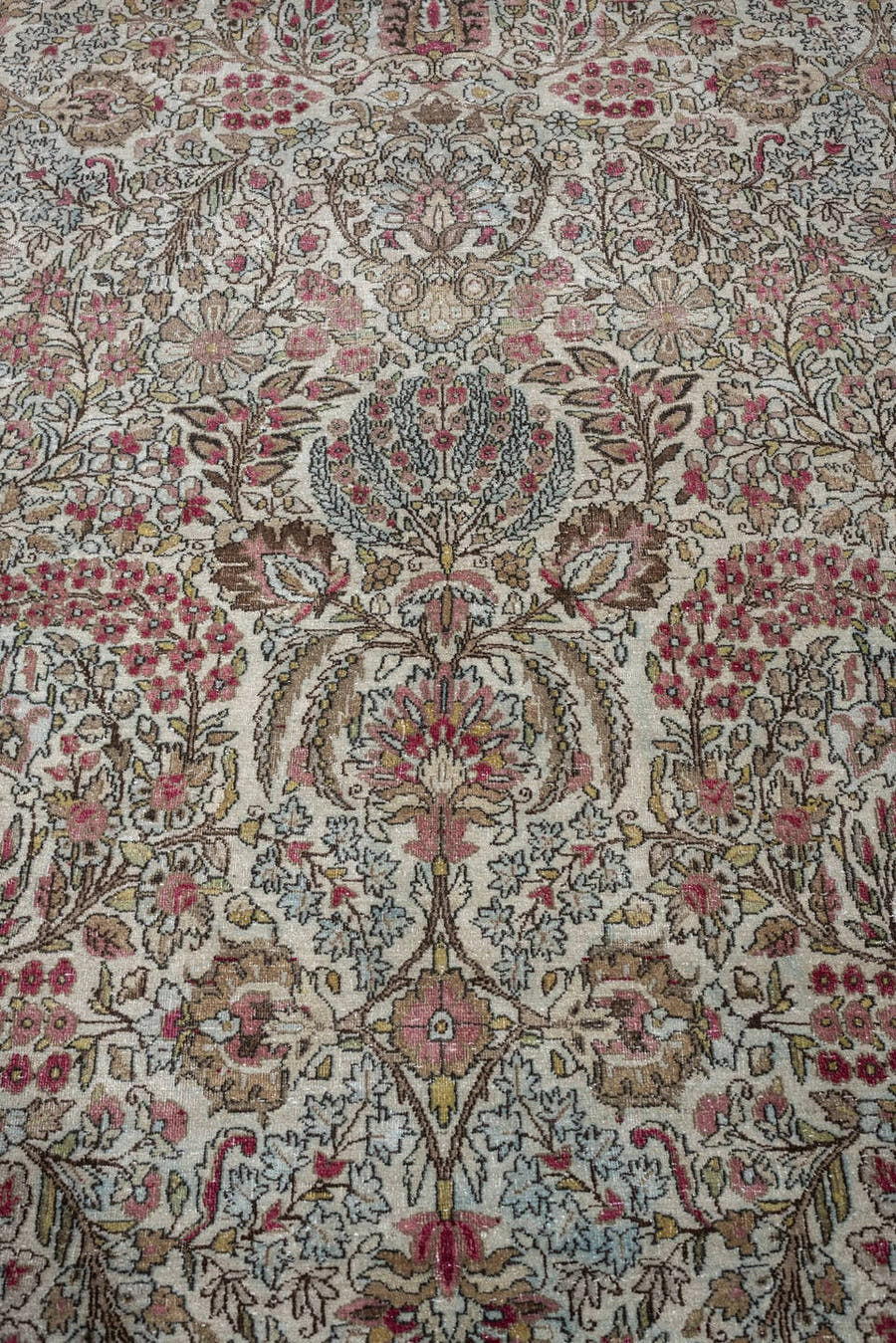 8' x 11' one-of-a-kind handmade antique Kerman large size rug. Color palette: ivory, crimson, burgundy, dusty blue, rose