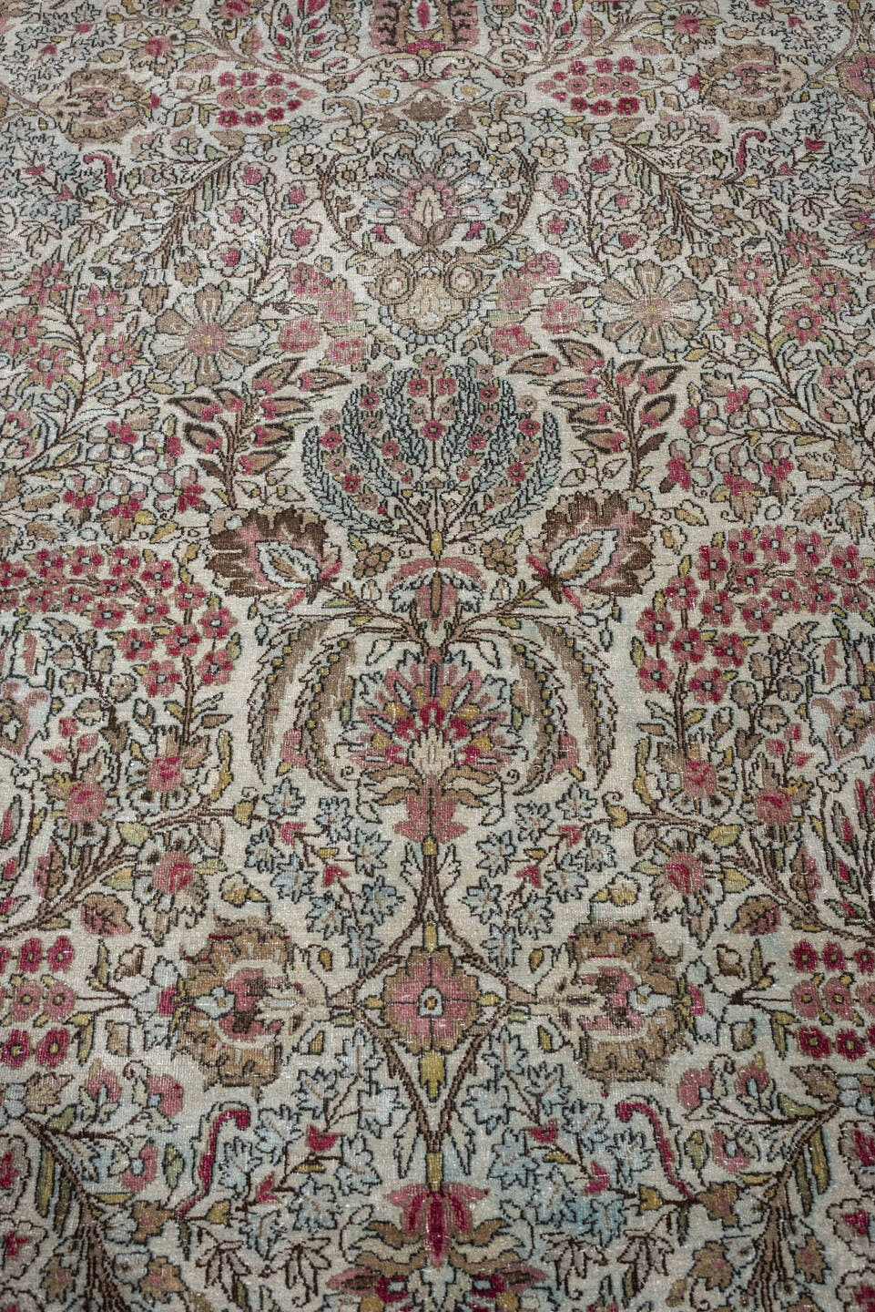 8' x 11' one-of-a-kind handmade antique Kerman large size rug. Color palette: ivory, crimson, burgundy, dusty blue, rose
