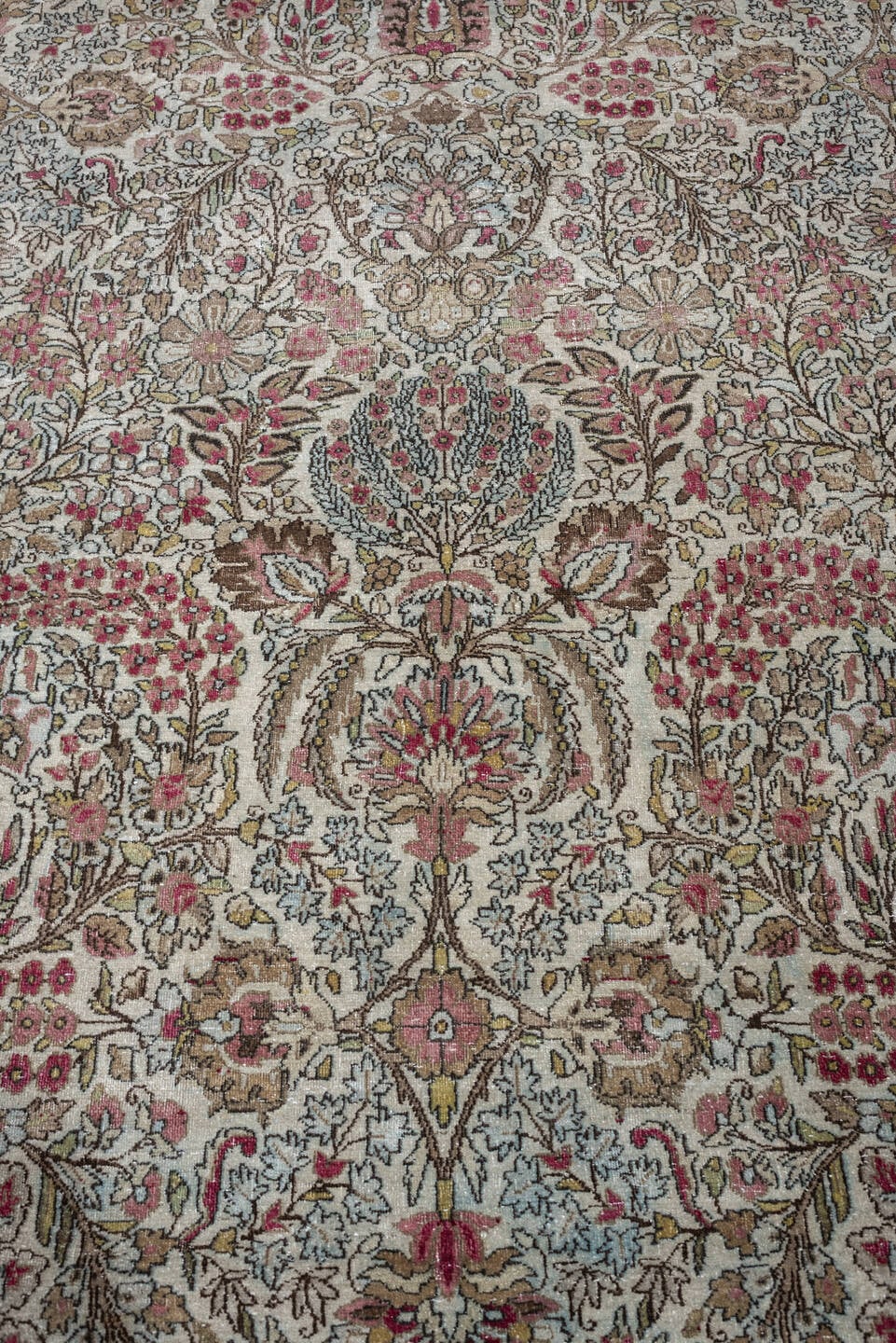 8' x 11' one-of-a-kind handmade antique Kerman large size rug. Color palette: ivory, crimson, burgundy, dusty blue, rose