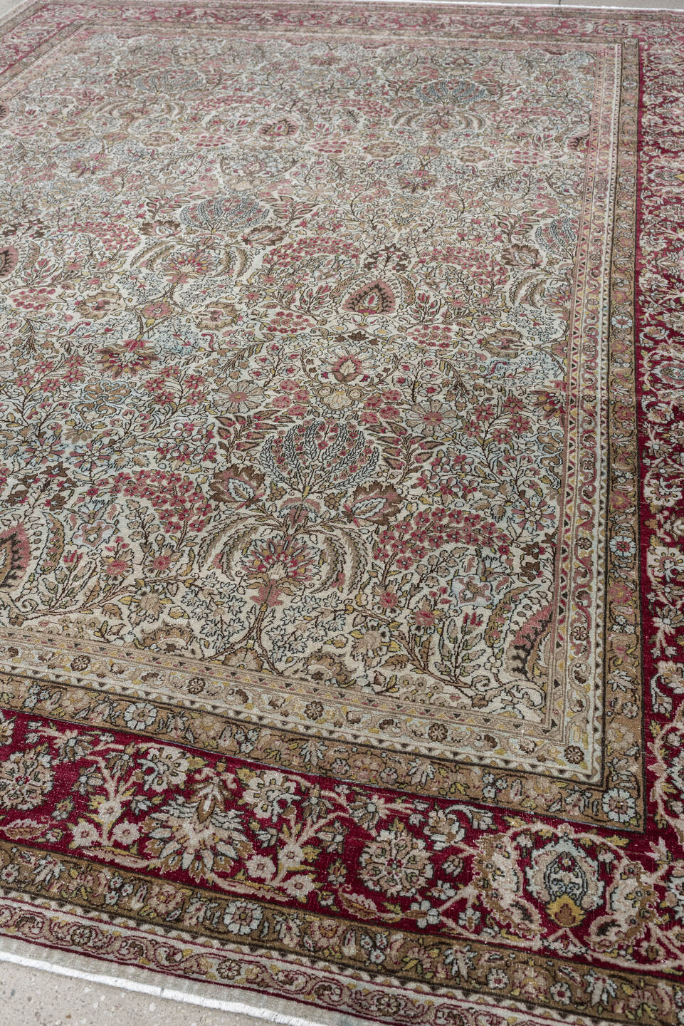 8' x 11' one-of-a-kind handmade antique Kerman large size rug. Color palette: ivory, crimson, burgundy, dusty blue, rose