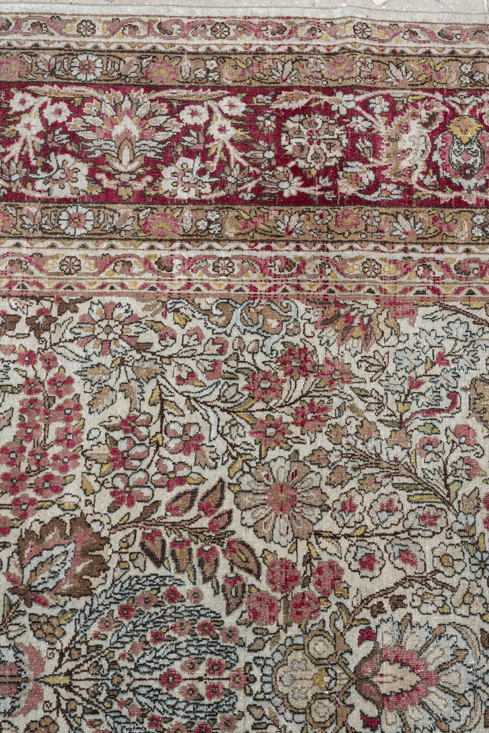 8' x 11' one-of-a-kind handmade antique Kerman large size rug. Color palette: ivory, crimson, burgundy, dusty blue, rose