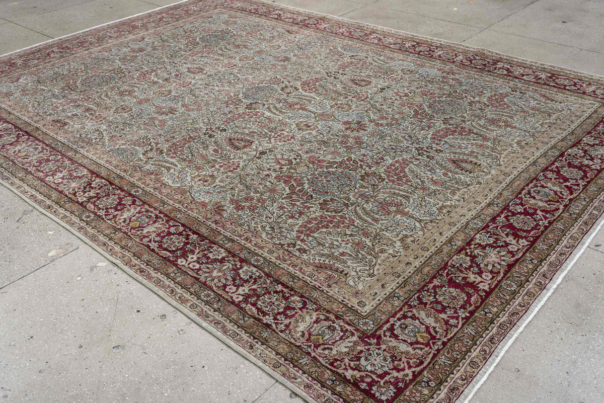 8' x 11' one-of-a-kind handmade antique Kerman large size rug. Color palette: ivory, crimson, burgundy, dusty blue, rose