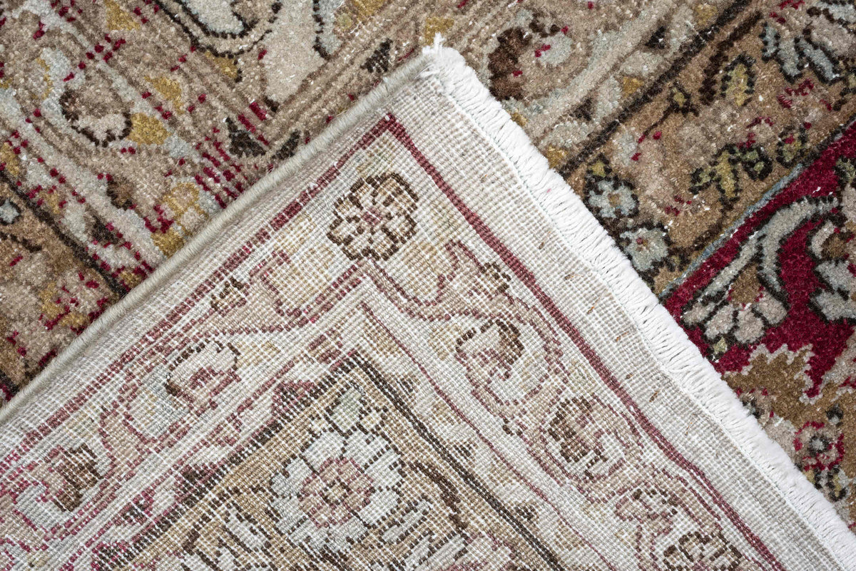8' x 11' one-of-a-kind handmade antique Kerman large size rug. Color palette: ivory, crimson, burgundy, dusty blue, rose