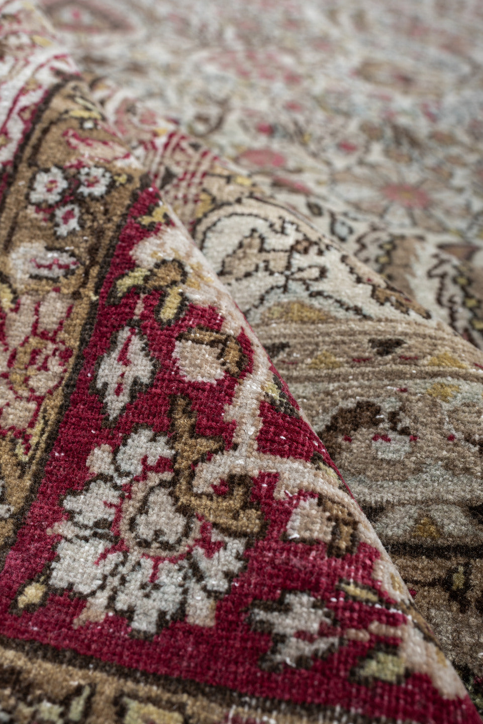 8' x 11' one-of-a-kind handmade antique Kerman large size rug. Color palette: ivory, crimson, burgundy, dusty blue, rose