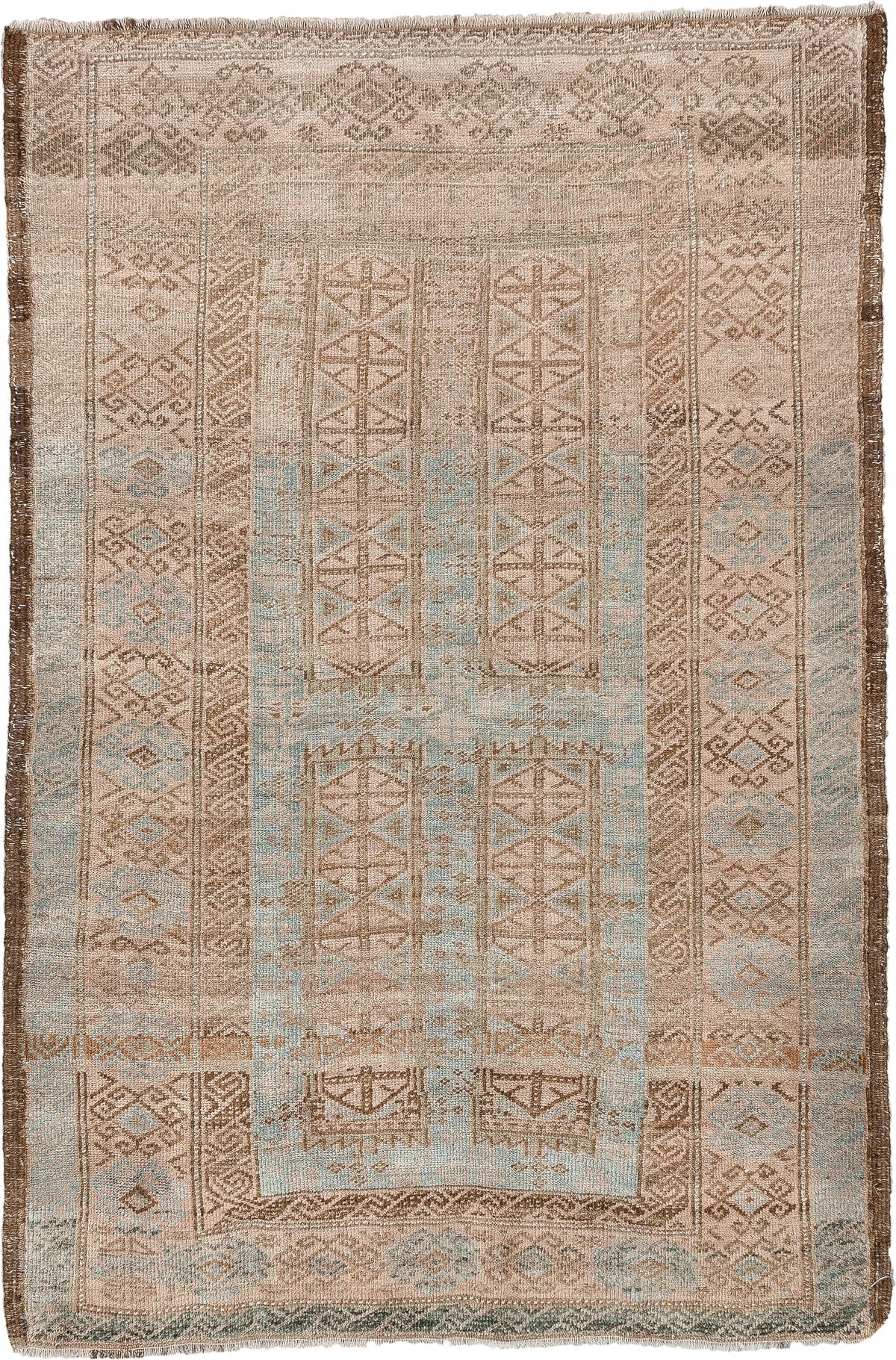 3' x 5' one-of-a-kind handmade antique Belouch small size rug. Color palette: camel, taupe, pale blue, ivory, brown, slate