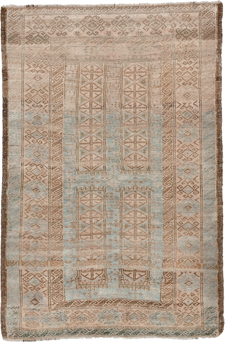 3' x 5' one-of-a-kind handmade antique Belouch small size rug. Color palette: camel, taupe, pale blue, ivory, brown, slate