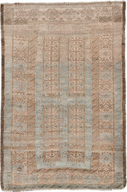 3' x 5' one-of-a-kind handmade antique Belouch small size rug. Color palette: camel, taupe, pale blue, ivory, brown, slate