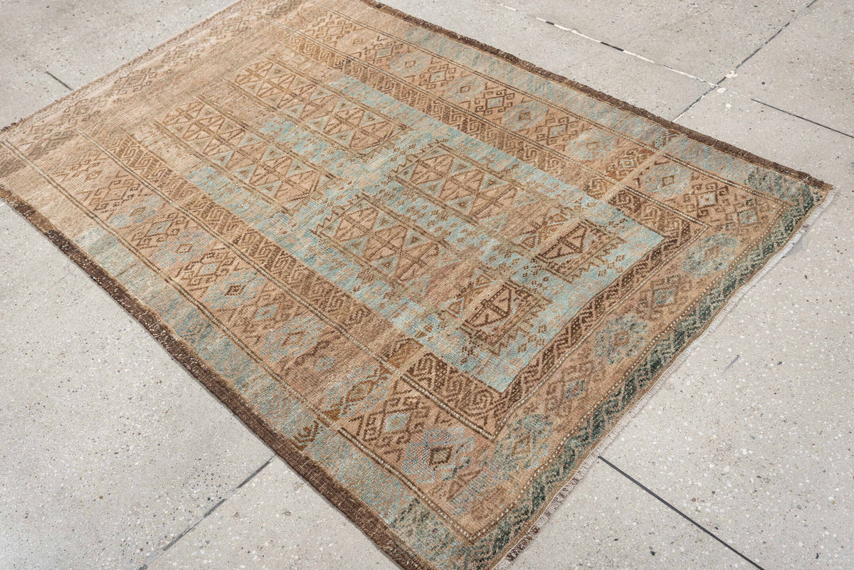 3' x 5' one-of-a-kind handmade antique Belouch small size rug. Color palette: camel, taupe, pale blue, ivory, brown, slate