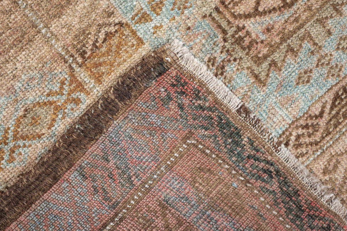 3' x 5' one-of-a-kind handmade antique Belouch small size rug. Color palette: camel, taupe, pale blue, ivory, brown, slate