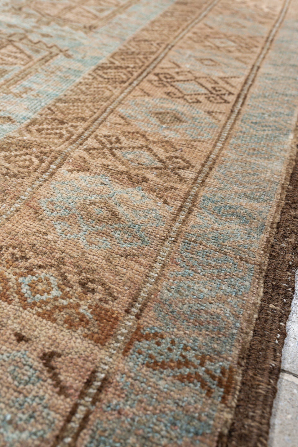 3' x 5' one-of-a-kind handmade antique Belouch small size rug. Color palette: camel, taupe, pale blue, ivory, brown, slate