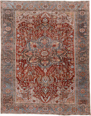 8' x 11' one-of-a-kind handmade antique Heriz large size rug. Color palette: rust, powder blue, ivory, navy, terracotta