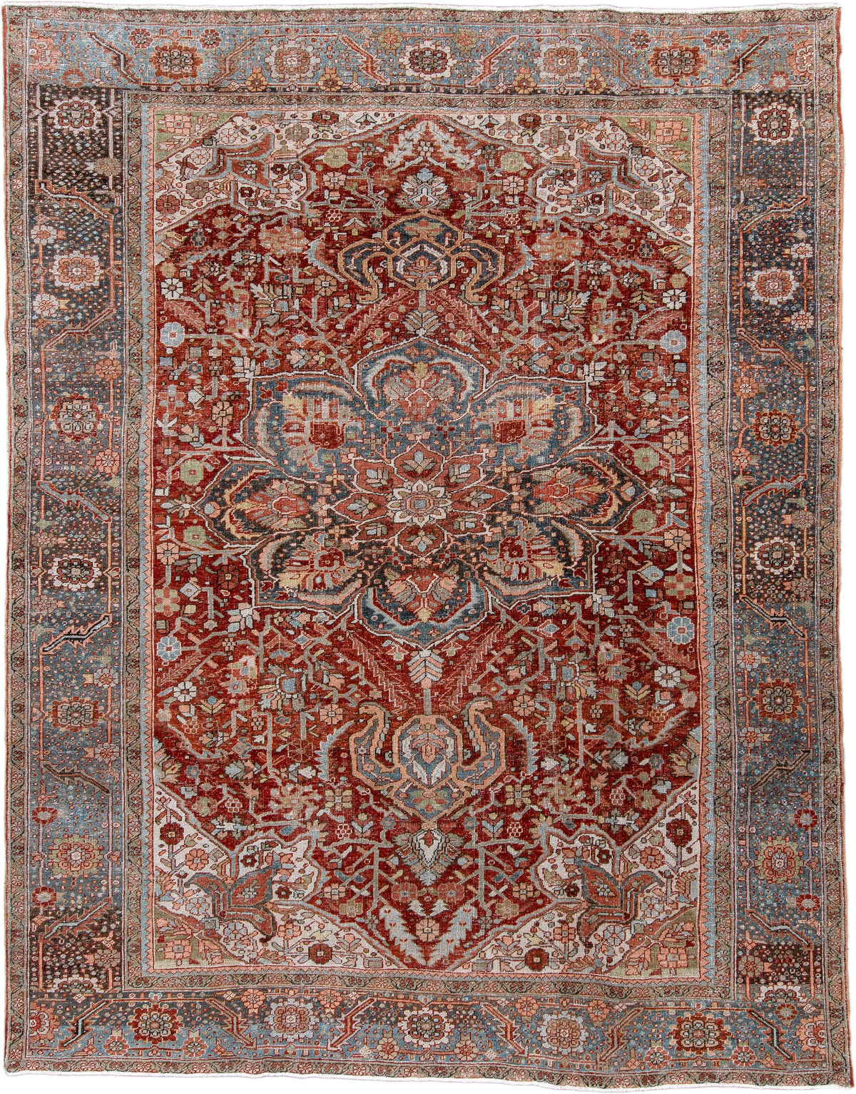 8' x 11' one-of-a-kind handmade antique Heriz large size rug. Color palette: rust, powder blue, ivory, navy, terracotta