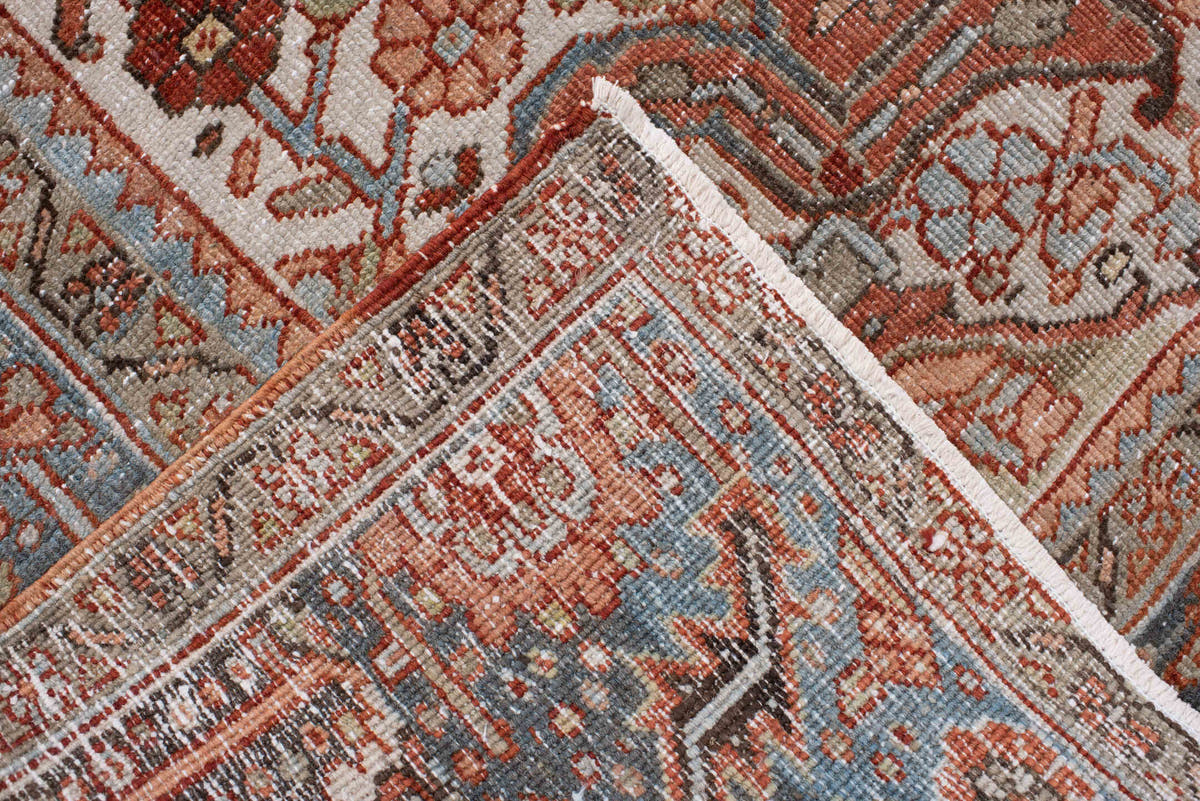 8' x 11' one-of-a-kind handmade antique Heriz large size rug. Color palette: rust, powder blue, ivory, navy, terracotta