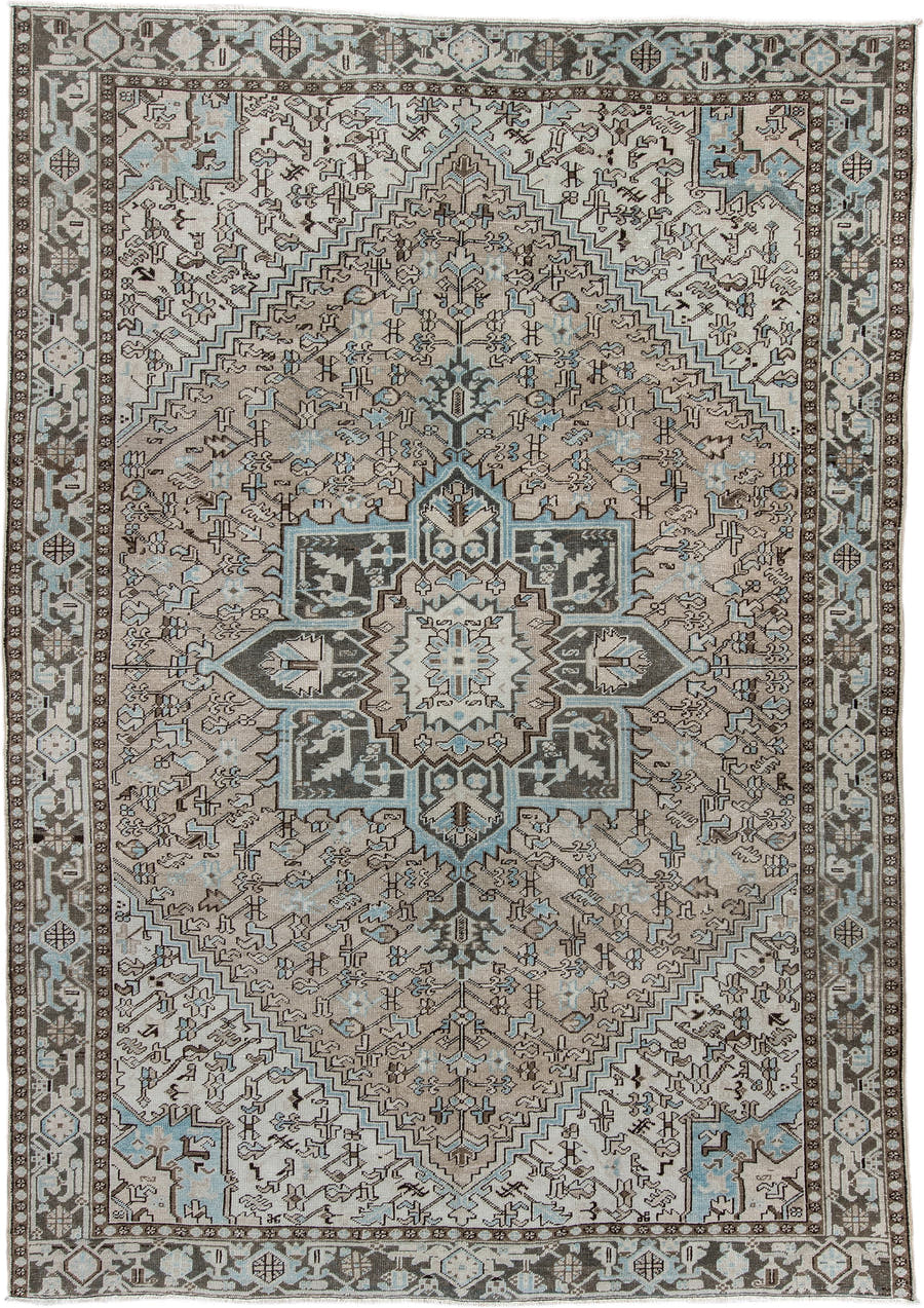 7' x 11' one-of-a-kind handmade antique Heriz large size rug. Color palette: ivory, taupe, charcoal, slate blue, dark brown