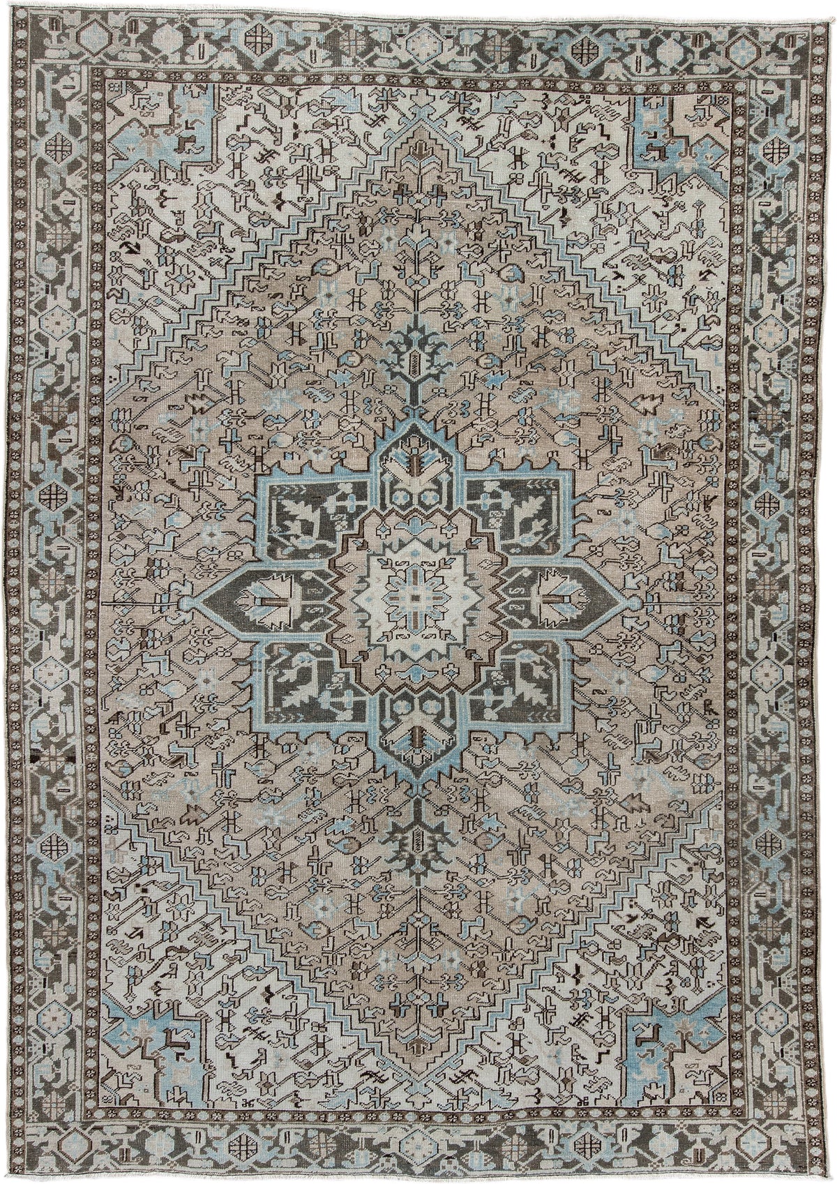 7' x 11' one-of-a-kind handmade antique Heriz large size rug. Color palette: ivory, taupe, charcoal, slate blue, dark brown