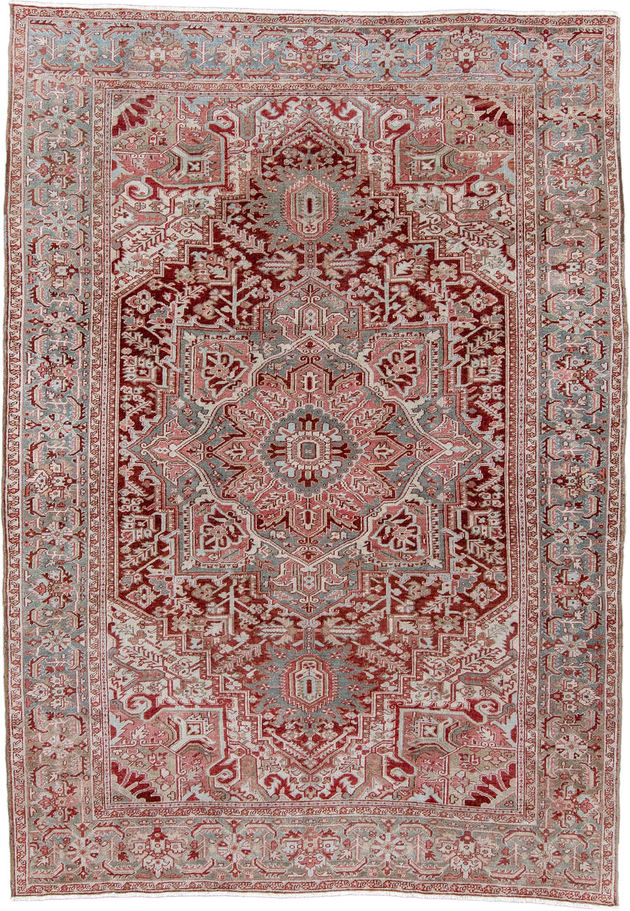 7' x 10' one-of-a-kind handmade antique Heriz large size rug. Color palette: brick red, blue gray, ivory, rose, taupe