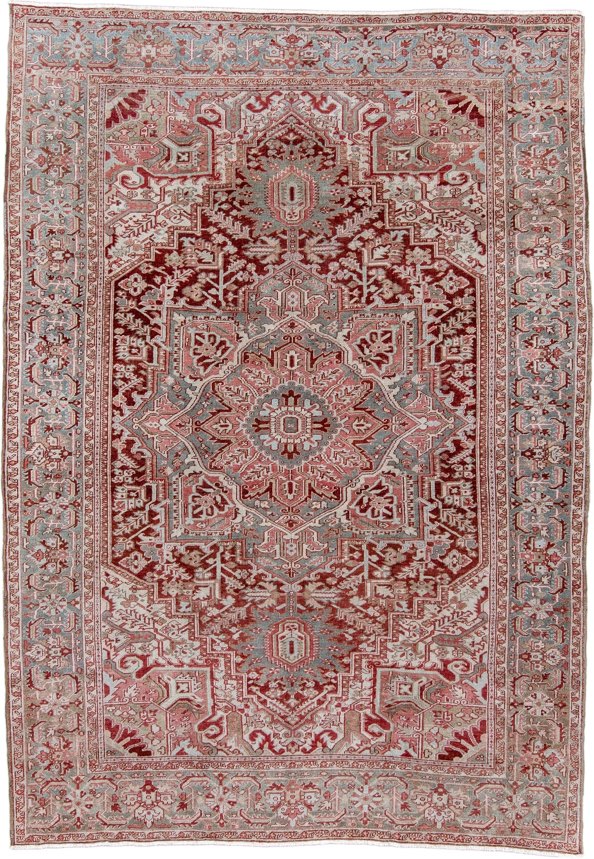7' x 10' one-of-a-kind handmade antique Heriz large size rug. Color palette: brick red, blue gray, ivory, rose, taupe