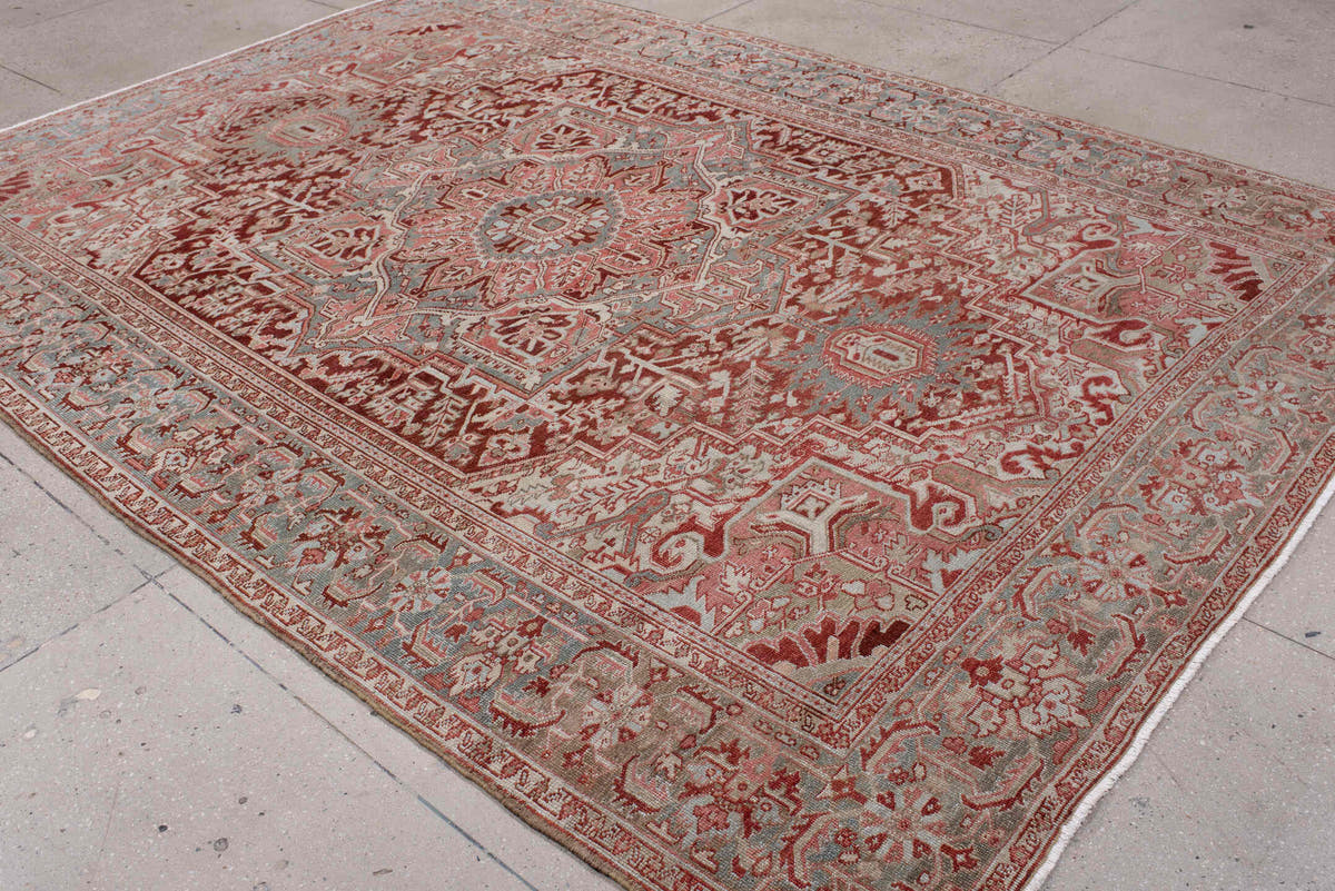 7' x 10' one-of-a-kind handmade antique Heriz large size rug. Color palette: brick red, blue gray, ivory, rose, taupe