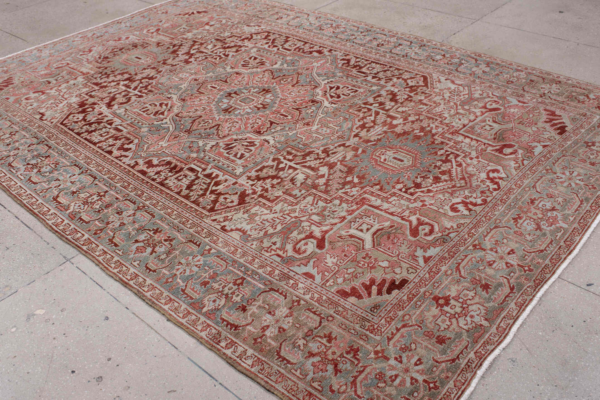 7' x 10' one-of-a-kind handmade antique Heriz large size rug. Color palette: brick red, blue gray, ivory, rose, taupe