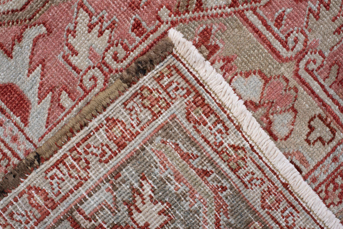 7' x 10' one-of-a-kind handmade antique Heriz large size rug. Color palette: brick red, blue gray, ivory, rose, taupe