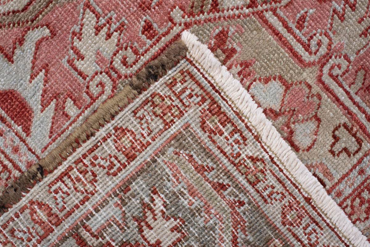 7' x 10' one-of-a-kind handmade antique Heriz large size rug. Color palette: brick red, blue gray, ivory, rose, taupe