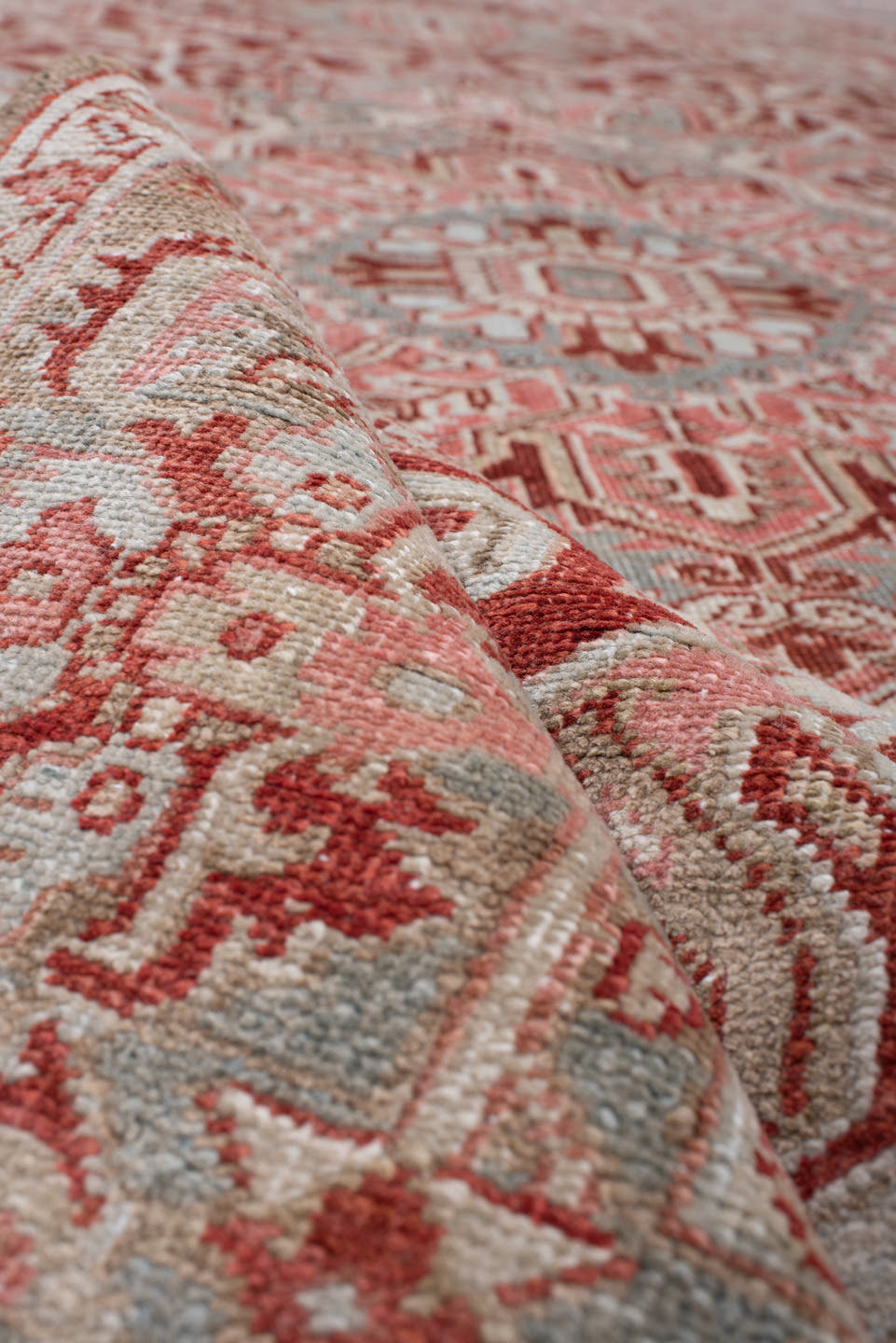 7' x 10' one-of-a-kind handmade antique Heriz large size rug. Color palette: brick red, blue gray, ivory, rose, taupe